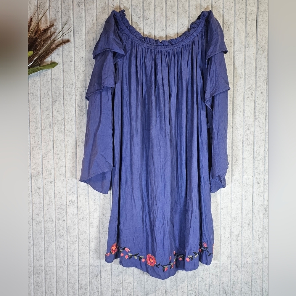 Dizzy Lissy Blue Boho Embroidered Bell Sleeve Dress | Size M